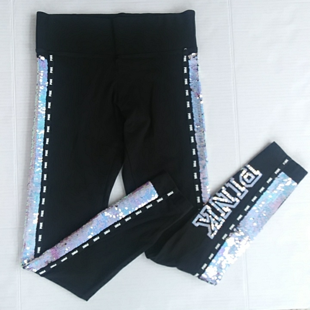 Pink Victoria's Secret Sequin Rainbow Ombre Bling Yoga Leggings S Black